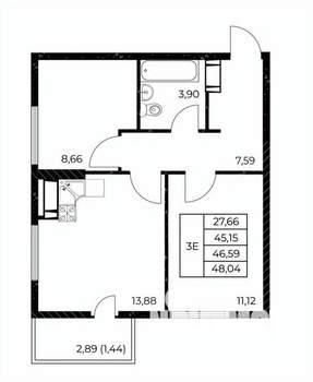 2-к квартира, вторичка, 48м2, 12/25 этаж