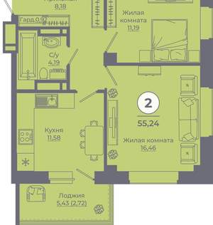 2-к квартира, вторичка, 55м2, 7/24 этаж