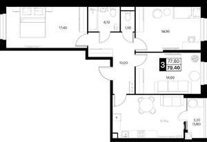 3-к квартира, вторичка, 79м2, 2/20 этаж
