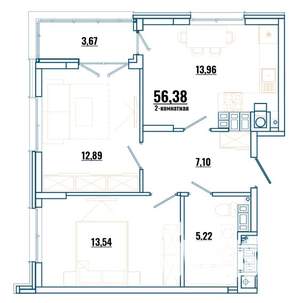 2-к квартира, строящийся дом, 56м2, 1/4 этаж