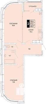 2-к квартира, вторичка, 69м2, 18/24 этаж