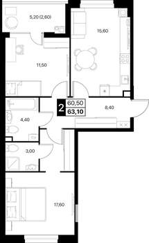2-к квартира, вторичка, 63м2, 2/20 этаж
