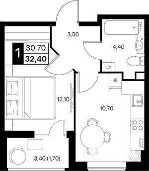 1-к квартира, вторичка, 32м2, 2/12 этаж