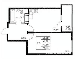 1-к квартира, вторичка, 46м2, 13/25 этаж