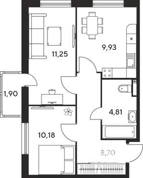 2-к квартира, строящийся дом, 45м2, 16/25 этаж