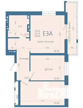 2-к квартира, строящийся дом, 64м2, 14/15 этаж