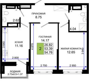 2-к квартира, вторичка, 55м2, 9/25 этаж