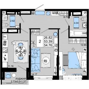 2-к квартира, строящийся дом, 55м2, 16/25 этаж