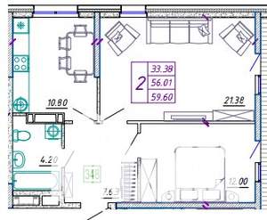 2-к квартира, строящийся дом, 53м2, 9/20 этаж