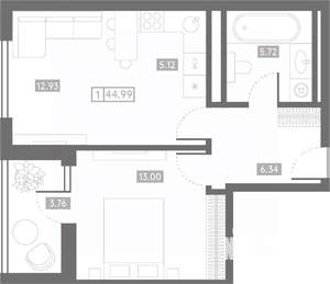 1-к квартира, вторичка, 45м2, 15/24 этаж