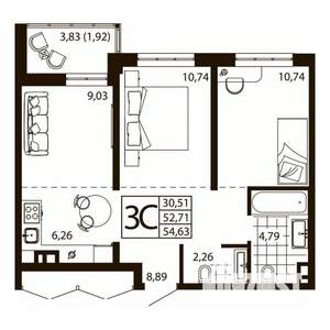 3-к квартира, строящийся дом, 54м2, 17/24 этаж