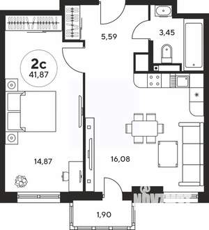 2-к квартира, вторичка, 42м2, 19/25 этаж