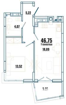 1-к квартира, строящийся дом, 47м2, 3/4 этаж