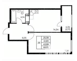 1-к квартира, строящийся дом, 46м2, 19/25 этаж