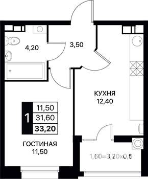 1-к квартира, вторичка, 33м2, 7/12 этаж