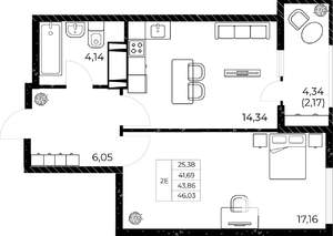 1-к квартира, вторичка, 46м2, 23/25 этаж