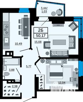 2-к квартира, вторичка, 49м2, 25/26 этаж