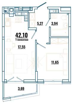1-к квартира, строящийся дом, 42м2, 3/4 этаж