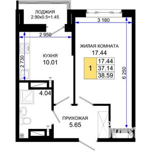 1-к квартира, вторичка, 39м2, 6/25 этаж
