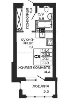 Студия квартира, сданный дом, 32м2, 15/17 этаж