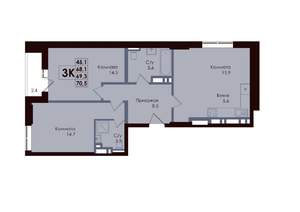 3-к квартира, вторичка, 69м2, 14/25 этаж