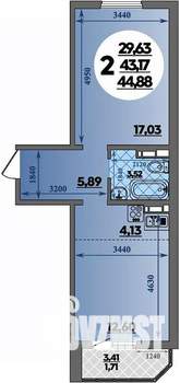 2-к квартира, строящийся дом, 45м2, 15/17 этаж