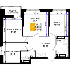 3-к квартира, вторичка, 65м2, 5/25 этаж
