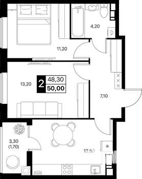 2-к квартира, вторичка, 50м2, 10/12 этаж