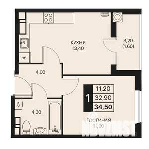 1-к квартира, строящийся дом, 35м2, 12/12 этаж