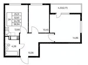2-к квартира, вторичка, 57м2, 24/25 этаж