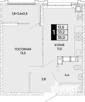 1-к квартира, вторичка, 35м2, 12/22 этаж