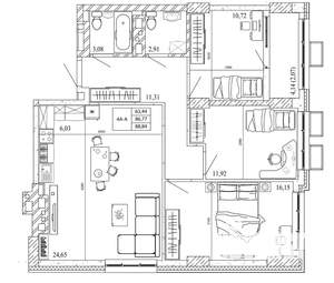 3-к квартира, строящийся дом, 89м2, 19/20 этаж