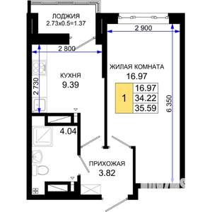 1-к квартира, строящийся дом, 36м2, 3/25 этаж