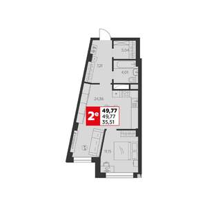 2-к квартира, строящийся дом, 50м2, 4/22 этаж