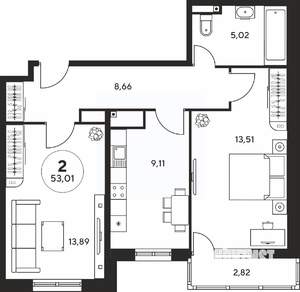 2-к квартира, вторичка, 53м2, 25/25 этаж