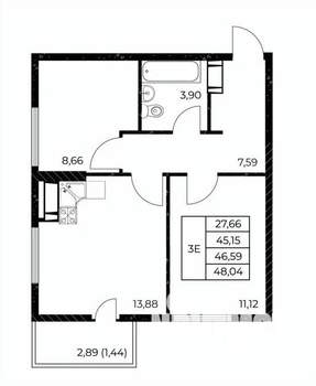 2-к квартира, вторичка, 48м2, 7/25 этаж
