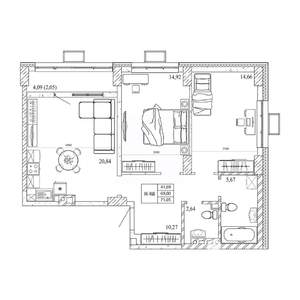 2-к квартира, строящийся дом, 74м2, 7/12 этаж