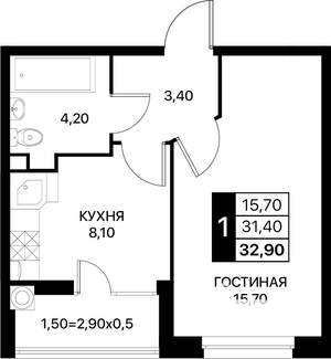 1-к квартира, вторичка, 33м2, 2/20 этаж