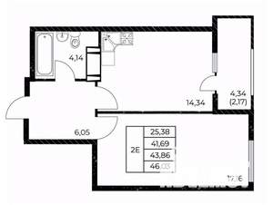 1-к квартира, вторичка, 46м2, 18/25 этаж