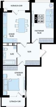 2-к квартира, вторичка, 62м2, 3/15 этаж