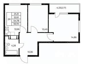 2-к квартира, вторичка, 57м2, 14/25 этаж