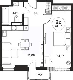 2-к квартира, вторичка, 42м2, 4/25 этаж