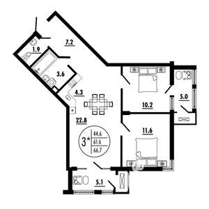 3-к квартира, вторичка, 67м2, 11/23 этаж