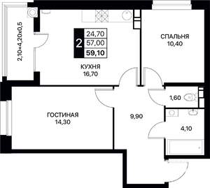 2-к квартира, вторичка, 59м2, 10/20 этаж