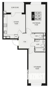 2-к квартира, строящийся дом, 64м2, 9/12 этаж