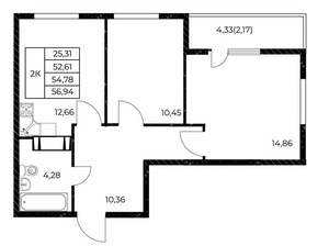2-к квартира, вторичка, 57м2, 12/25 этаж
