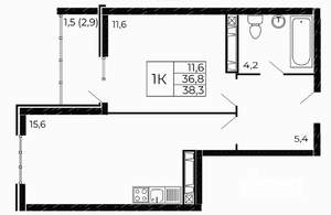 1-к квартира, вторичка, 38м2, 2/18 этаж