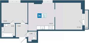 2-к квартира, строящийся дом, 56м2, 19/24 этаж