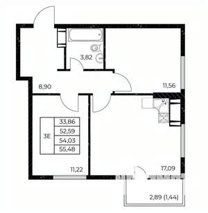 2-к квартира, строящийся дом, 55м2, 14/25 этаж