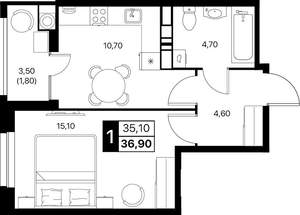 1-к квартира, строящийся дом, 36м2, 4/20 этаж